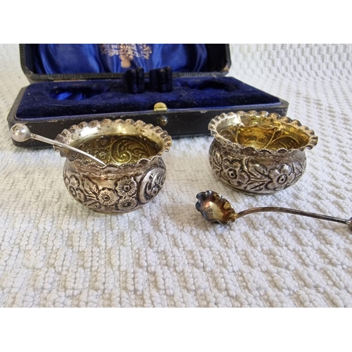 117 - Cased Set of Antique Sterling Silver Salt Cellars (Pair) with Decorative Floral Pattern and Fluted E... 