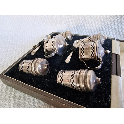 119 - A Fine Cased Sterling Silver Vintage Condiment Set, 6-Piece with Cobalt Blue Glass Liners, Together ... 