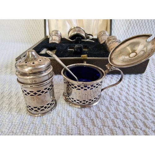 119 - A Fine Cased Sterling Silver Vintage Condiment Set, 6-Piece with Cobalt Blue Glass Liners, Together ... 