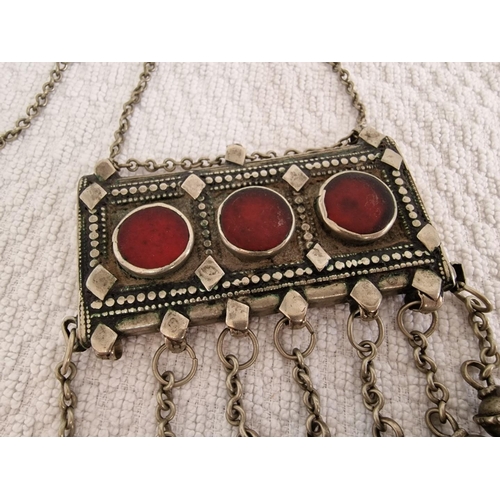 168 - Vintage Handmade Turkmenistan Tribal Necklace; Decorative White Metal with Red Stones