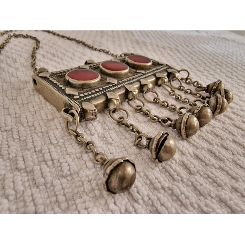 168 - Vintage Handmade Turkmenistan Tribal Necklace; Decorative White Metal with Red Stones