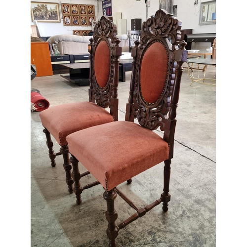 187 - Pair of Vintage Wooden Dining Chairs with Carved Backs, Turned Legs and Studded Red Fabric Back Rest... 