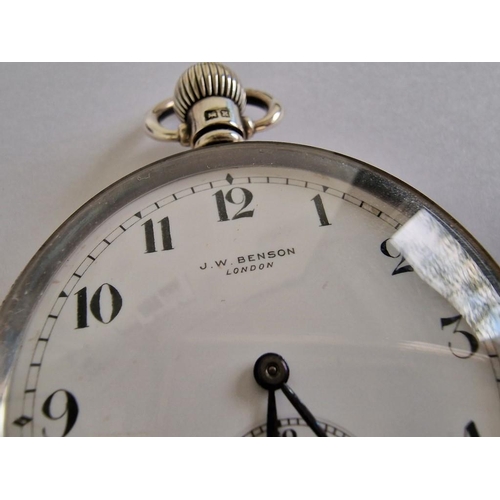 132 - Antique Sterling Silver Benson Open Face Pocket Watch with White Face & Numerical Hour Markers, Swis... 