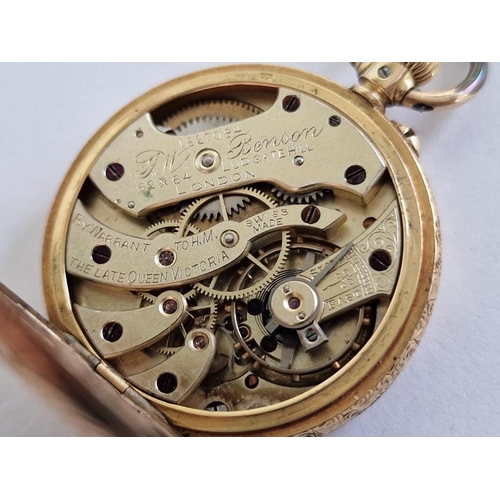 134 - Antique 18ct Gold Benson (London) Open Face Ladies Fob / Pocket Watch with Decorative Case, Lever Se... 