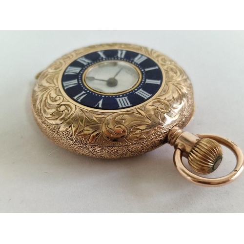 137 - Antique 9ct Gold Waltham 'Lady Waltham' Half Hunter Pocket Watch, Decorative Case with Blue Enamel R... 