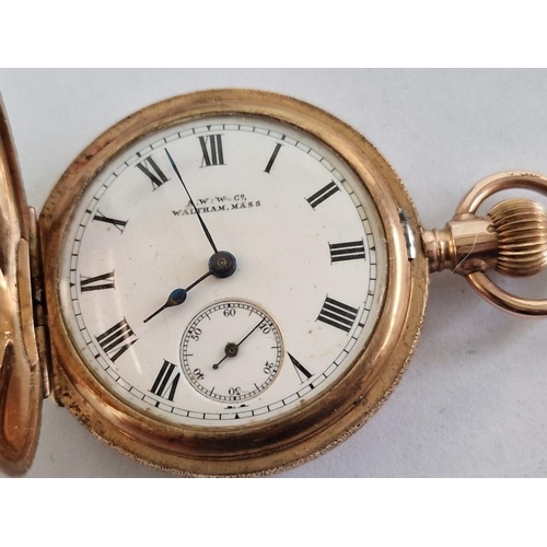 137 - Antique 9ct Gold Waltham 'Lady Waltham' Half Hunter Pocket Watch, Decorative Case with Blue Enamel R... 