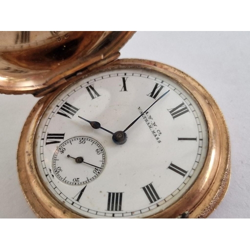 137 - Antique 9ct Gold Waltham 'Lady Waltham' Half Hunter Pocket Watch, Decorative Case with Blue Enamel R... 