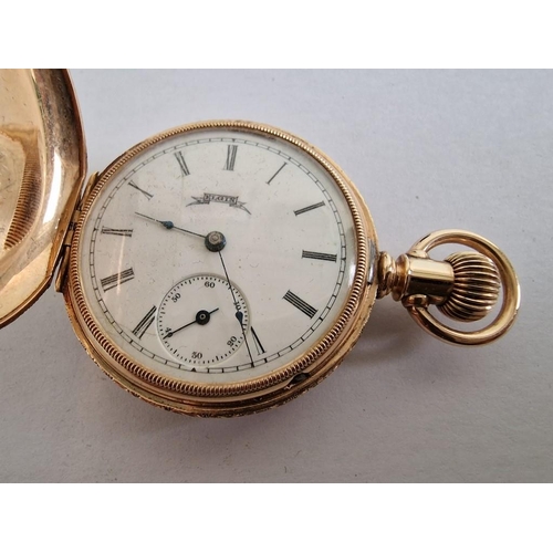 140 - Antique 14ct Gold Elgin Full Hunter Pocket Watch with Decorative Case, Lever Set Manual Wind Adjusta... 