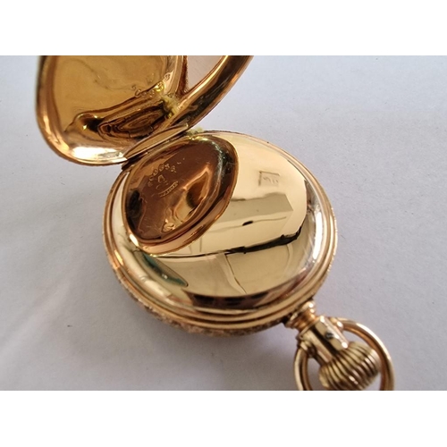 140 - Antique 14ct Gold Elgin Full Hunter Pocket Watch with Decorative Case, Lever Set Manual Wind Adjusta... 