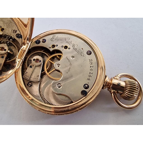 140 - Antique 14ct Gold Elgin Full Hunter Pocket Watch with Decorative Case, Lever Set Manual Wind Adjusta... 