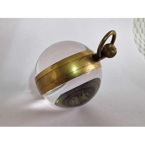 145 - Spherical Glass Ball Clock / Paper Weight with Brass Molding and Magnified Glass Front & Back with M... 