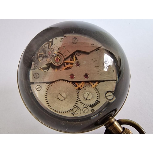 145 - Spherical Glass Ball Clock / Paper Weight with Brass Molding and Magnified Glass Front & Back with M... 