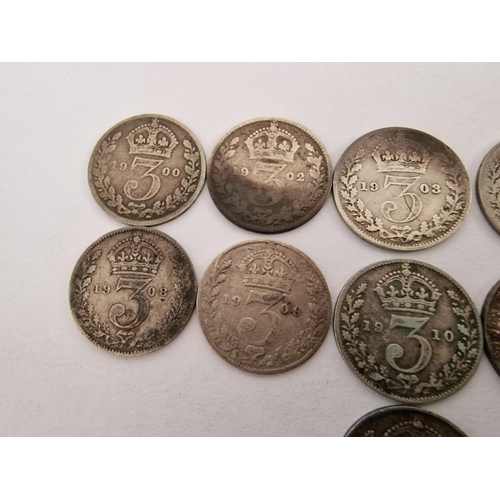 156 - Collection of Antique Sterling Silver English Three Pence (3p) Coins (9 Pieces Date Between 1900 and... 