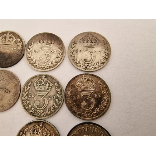 156 - Collection of Antique Sterling Silver English Three Pence (3p) Coins (9 Pieces Date Between 1900 and... 