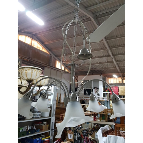 319 - Glass and Chrome Pendant Light (5-Arms, 5-Bulbs, 5-Milk Glass Lamp Shades)