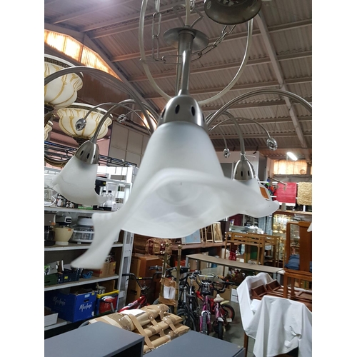 319 - Glass and Chrome Pendant Light (5-Arms, 5-Bulbs, 5-Milk Glass Lamp Shades)