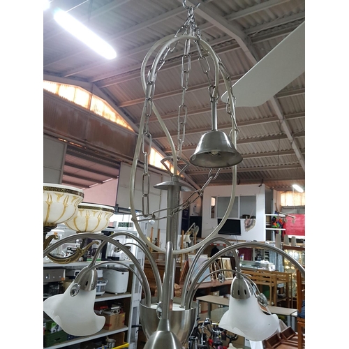 319 - Glass and Chrome Pendant Light (5-Arms, 5-Bulbs, 5-Milk Glass Lamp Shades)