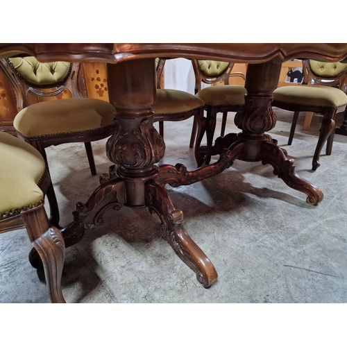 97 - Classical Style Dining Table with Shaped Inlaid Decorative Top and Glass Cover, Over Carved Twin Ped... 