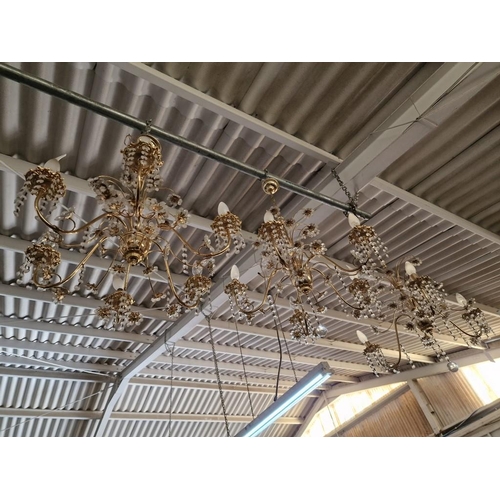 530 - Set of 3 x Brass 6-Arm Chandeliers with Hanging Crystals, (3)