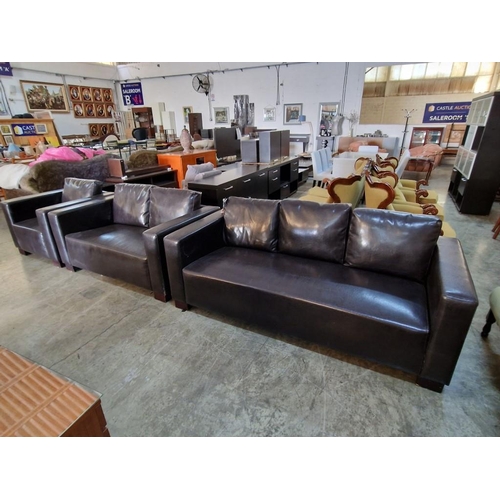 69 - Brown Leatherette 3-Piece Suite of 3-Seat & 2-Seat Sofas with Matching Armchair (3)