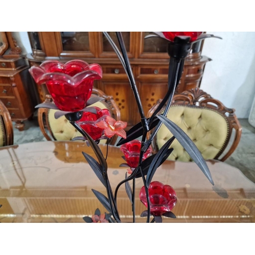 82 - 2 x Decorative Black Metal Plants with Orange or Red Glass 'Flowers' (Tea Light Holders?), (2)