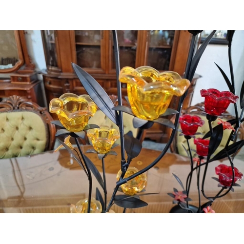 82 - 2 x Decorative Black Metal Plants with Orange or Red Glass 'Flowers' (Tea Light Holders?), (2)