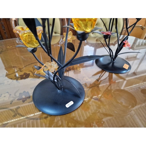 82 - 2 x Decorative Black Metal Plants with Orange or Red Glass 'Flowers' (Tea Light Holders?), (2)