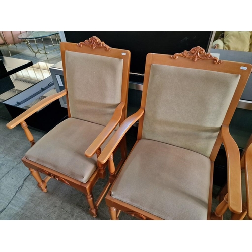 92 - Set of 3 x Classical Style Light Wood Arm Chairs with Carved Details and Beige Colour Padded Materia... 