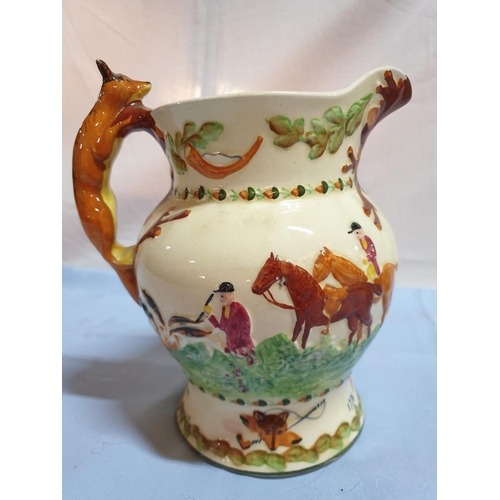 249 - John Peel Crown Devon Jug Pitcher Fox Hunt Horses Huntsman How Dry I Am (R°N°755789) Together with 2... 