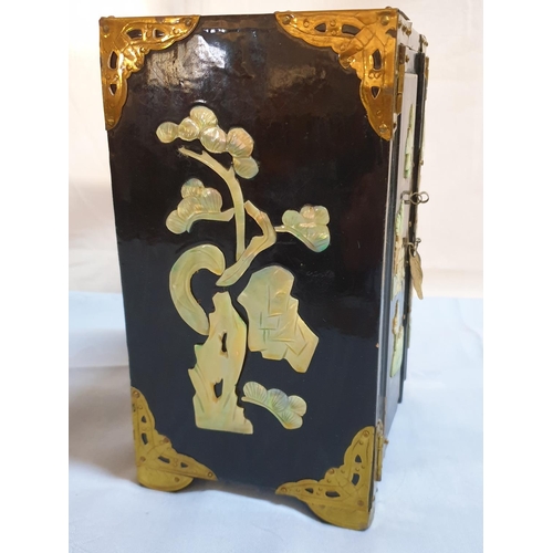 250 - Small Chinese Jewellery Box Traditional Lacquered with Mother of Pearls Decor and Metal Details Mini... 