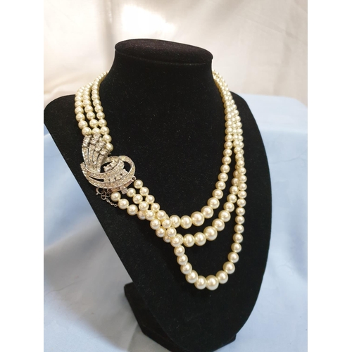 438 - Vintage Triple Pearl Necklace with Beautiful Decorative Clasp (Crystals) White Metal, Safe Chain