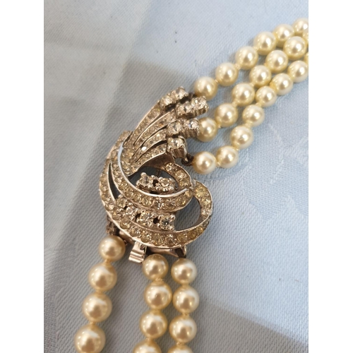 438 - Vintage Triple Pearl Necklace with Beautiful Decorative Clasp (Crystals) White Metal, Safe Chain