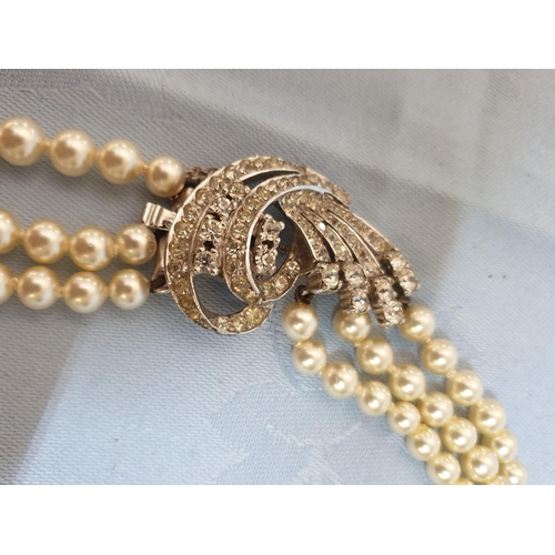 438 - Vintage Triple Pearl Necklace with Beautiful Decorative Clasp (Crystals) White Metal, Safe Chain