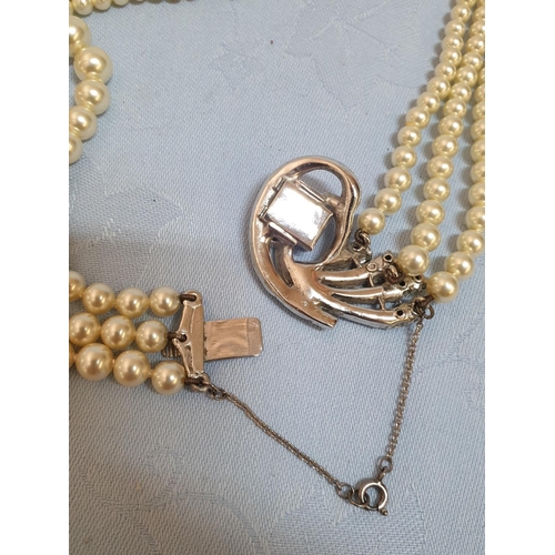 438 - Vintage Triple Pearl Necklace with Beautiful Decorative Clasp (Crystals) White Metal, Safe Chain