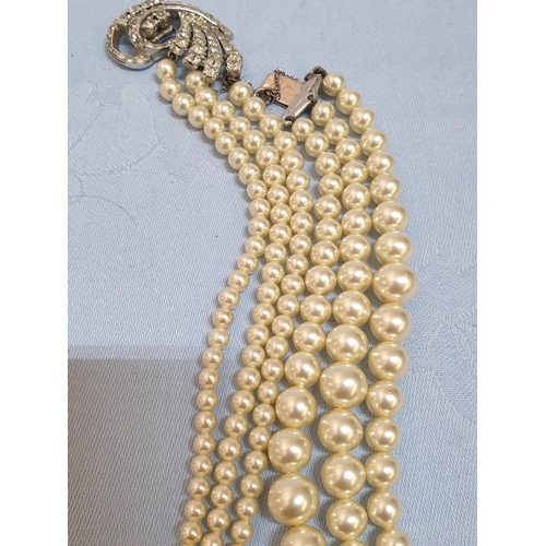 438 - Vintage Triple Pearl Necklace with Beautiful Decorative Clasp (Crystals) White Metal, Safe Chain