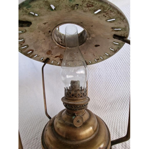 12 - Antique Copper Hanging Oil Lamp with Metal Shade and Glass Funnell, (Approx. H: 35cm)