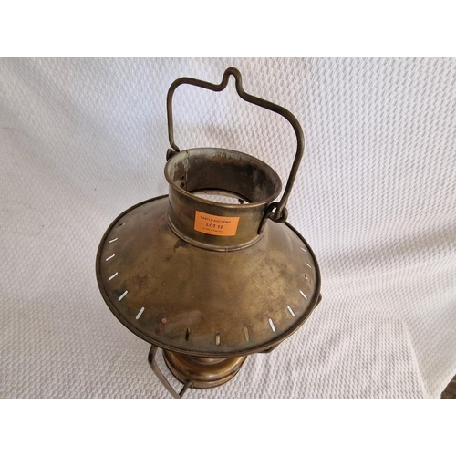 12 - Antique Copper Hanging Oil Lamp with Metal Shade and Glass Funnell, (Approx. H: 35cm)