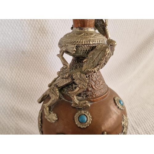 14 - Vintage Copper and Brass 'Dragon' Vase with Coloured Stone Decoration, (Approx. H: 37cm)