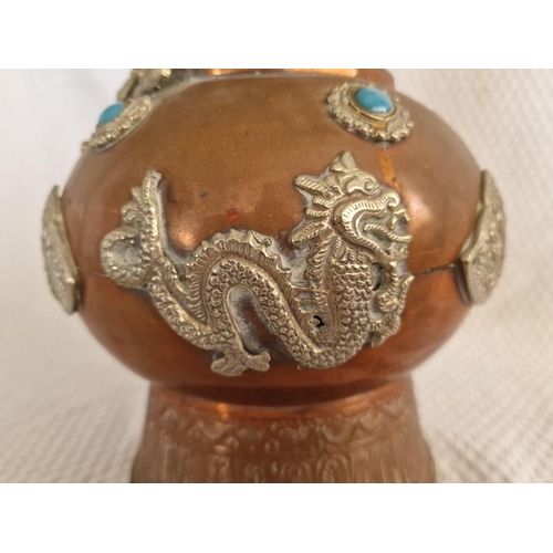 14 - Vintage Copper and Brass 'Dragon' Vase with Coloured Stone Decoration, (Approx. H: 37cm)