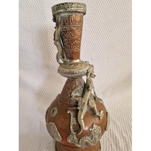 14 - Vintage Copper and Brass 'Dragon' Vase with Coloured Stone Decoration, (Approx. H: 37cm)