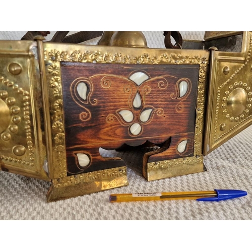 32 - Antique Shoe Shining Box; Middle Eastern Style with Decorative Brass Over Wood and Inlaid Mother-of-... 