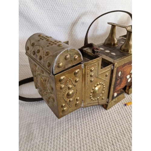 32 - Antique Shoe Shining Box; Middle Eastern Style with Decorative Brass Over Wood and Inlaid Mother-of-... 