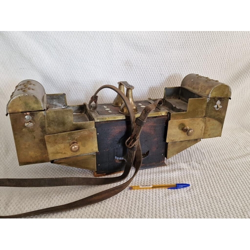 32 - Antique Shoe Shining Box; Middle Eastern Style with Decorative Brass Over Wood and Inlaid Mother-of-... 