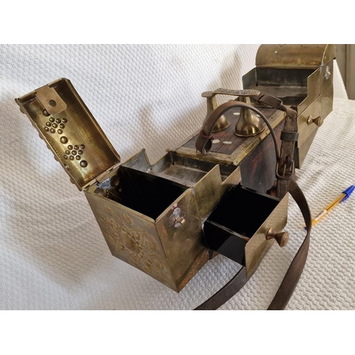 32 - Antique Shoe Shining Box; Middle Eastern Style with Decorative Brass Over Wood and Inlaid Mother-of-... 