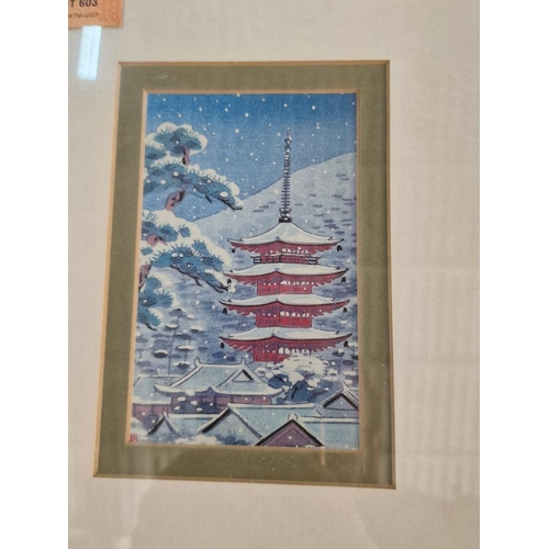 603 - Set of 4 x Framed Prints of Chinese / Oriental Buildings in the Winter, Gold Tone Frames and White M... 