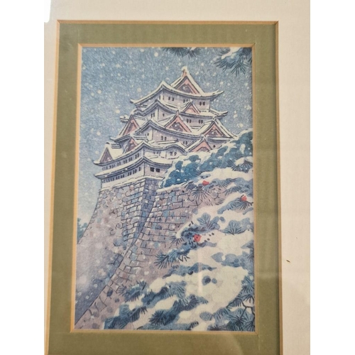 603 - Set of 4 x Framed Prints of Chinese / Oriental Buildings in the Winter, Gold Tone Frames and White M... 