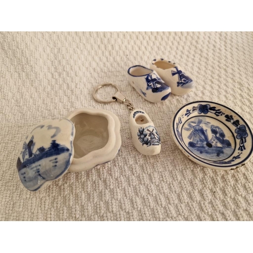 8 - Collection of Delft Blue & White China Items; 2 x Pairs of Clogs, Lidded Dish and Small Plate, Toget... 