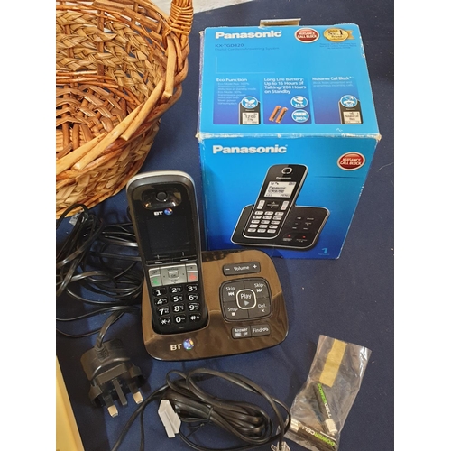 560 - Wicker Basket with 2 x Telephones inc; Telic 287 Retro Telephone and Panasonic KX-TGD320 Dogotal Cor... 