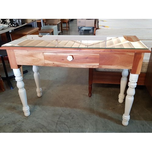 215 - Classic Console Table with Little Drawer with Floral Handles and Glass on Top (50 x 114 x 77.5cm)