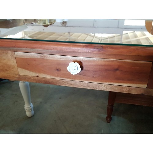 215 - Classic Console Table with Little Drawer with Floral Handles and Glass on Top (50 x 114 x 77.5cm)